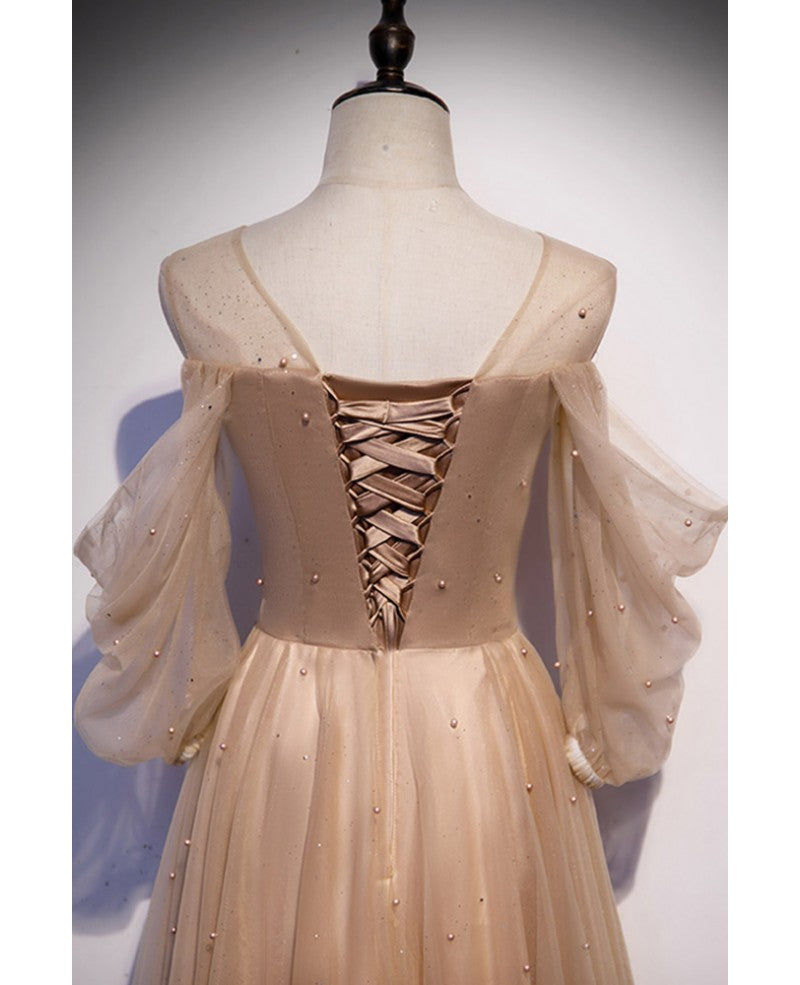 Vestido de fiesta elegante y elegante con cuentas color champán, manga larga, hombros descubiertos, corte princesa, corte en A color champán, tirantes al descubierto y largo hasta el suelo.